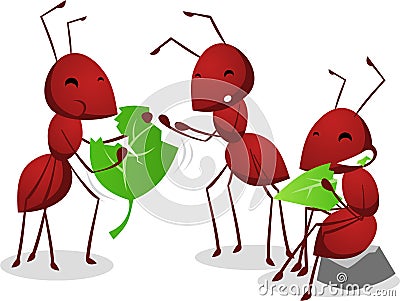 Three Ants eating green leafs Cartoon Illustration