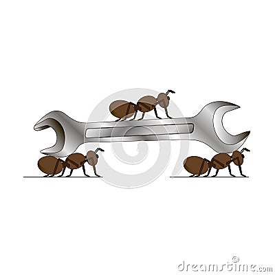 Three ants are transporting one huge metal spanner Vector Illustration