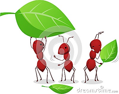 Three Ants working and carrying leafs to the anthill Cartoon Illustration