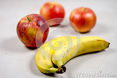 Three Apples and Two Bananas Isolated Composition on White Background Stock Photo