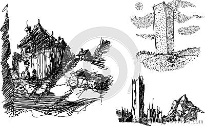 three architectural sketches of strange fantastic architecture Vector Illustration