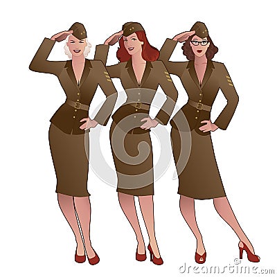 Three army girls in retro style wearing soldiers uniform from the 40s or 50s Stock Photo