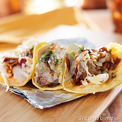 Three asian pork tacos Stock Photo