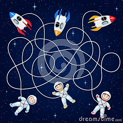 Three astronauts are floating in open space near their missiles. Guess where`s the ship? Vector Illustration