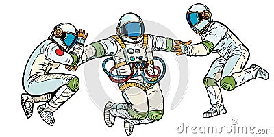 Three astronauts in space in zero gravity isolate on white background Vector Illustration