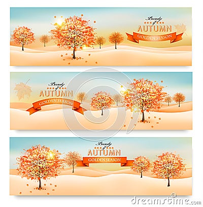 Three autumn abstract banners with colorful leaves Vector Illustration