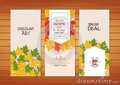 Three autumn banners with colorful leaves Vector Illustration