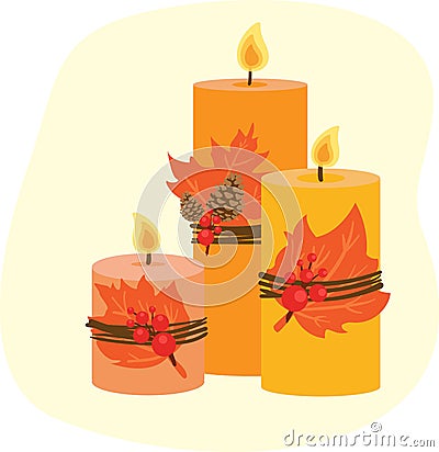 Three autumn handmade candles with maple leaves, pitch pine tree cones and berries flat vector cartoon illustration Vector Illustration