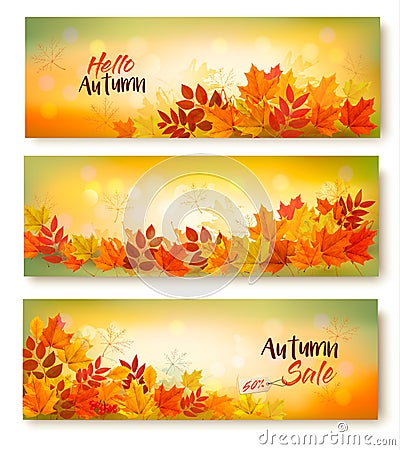 Three Autumn Sale Banners With Colorful Leaves. Vector Illustration
