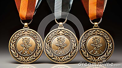 Three award medals, champion with ribbon, colored, gold, silver, brown, white background , Generate AI Stock Photo