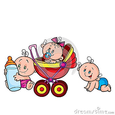 Three babies, one sitting in a stroller, the second holding a large bottle of milk in his hands, cartoon illustration, isolated Vector Illustration