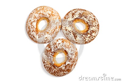 Three bagels with icing on a white background. Stock Photo