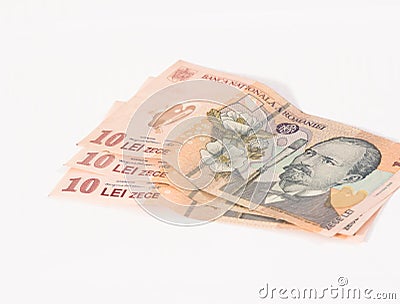 Three banknotes worth 10 Romanian Lei isolated on a white background Stock Photo