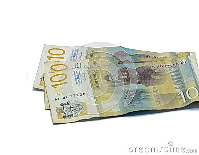 Three banknotes worth 10 Serbian Dinars with a portrait of a Linguist Vuk Karadzic isolated on a white background Stock Photo