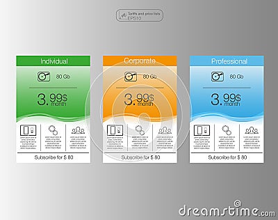 Three banner, price list, interface for the site. banner for web app. 3 position.Three pricing tables for web. Stock Photo