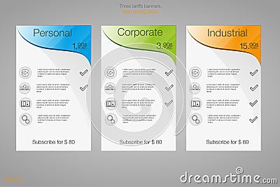 Three banner for tariffs and price lists. Web elements. Plan hosting. Vector design for web app. Plan for website in flat desi Vector Illustration