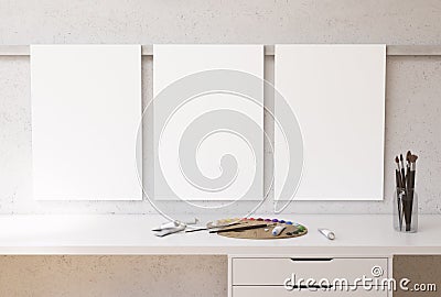 Three banners above desktop front Stock Photo