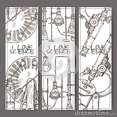 Three banners with hand drawn science equipment sketch. Vector Illustration