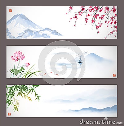 Three banners with mountains, sakura blossom, bamboo and lotus flowers. Traditional oriental ink painting sumi-e, u-sin Vector Illustration