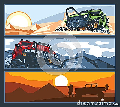 Three banners with off-road vehicles with difficult roads Vector Illustration