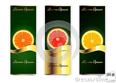 Three banners with oranges and lemon on a white background. vector Vector Illustration