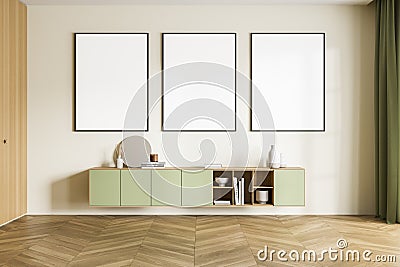 Three banners with pistachio shelf in the empty living room interior Stock Photo