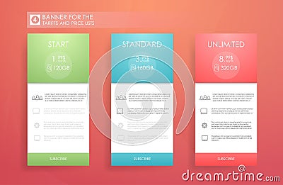 Three banners with tariffs plan. Comparison of pricing table set for business, bullet list with commercial plan. Template for pric Vector Illustration