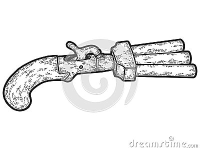 Three barreled revolver. Engraving vector illustration. Sketch scratch board imitation. Vector Illustration