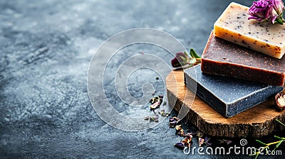 Three bars of soap stacked on a rustic wooden board, creating simple yet elegant display of hygiene essentials Stock Photo