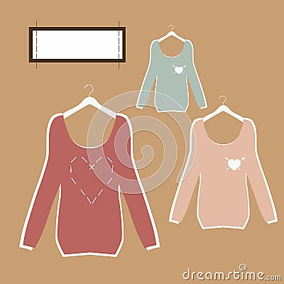 Three beautiful blouses on hangers in retro style vector. Vector Illustration