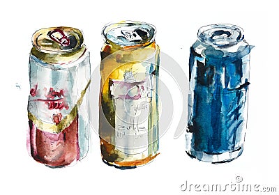 Beer in cans. Festival. Watercolor hand dawn illustration Stock Photo