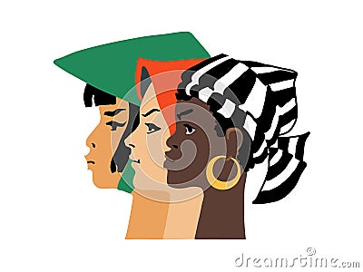 Three beautiful girls of different nationalities gathered on women`s day Vector Illustration