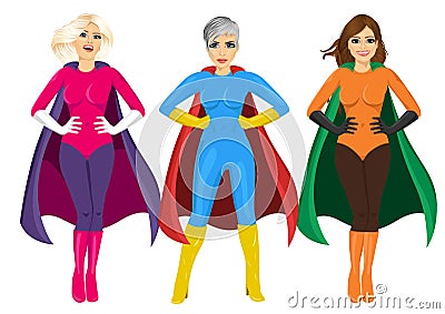 Three beautiful girls in superhero costume standing with hands on hips Vector Illustration
