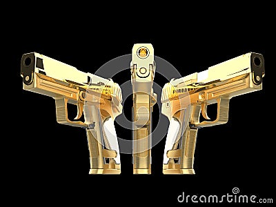 Three beautiful shiny golden guns side by side Stock Photo
