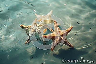 Three beautiful starfish in the water close up. Generative AI Stock Photo