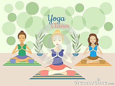 Three beautiful women practicing yoga exercises in gym Vector Illustration