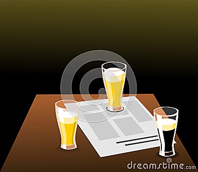 Three beers and newspaper on a table Vector Illustration