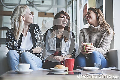 Three best friends. Young women having conversation. Stock Photo