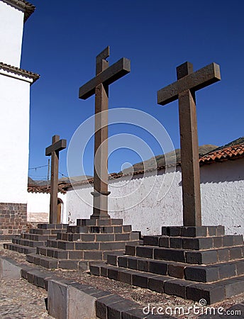 Three big crosses at Andahuaylillas Stock Photo
