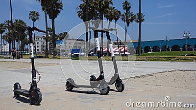 Three BIRD scooters on Venice Beach Editorial Stock Photo