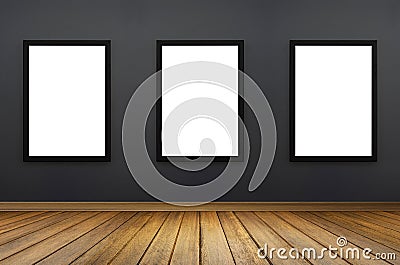 Three Black frame hanging on a grey wall.white isolate.perspective wooden floor.for advertiser.graphic design Stock Photo