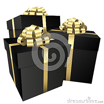 Three black gift boxes with a gold bow - Christmas and birthday present collection Stock Photo