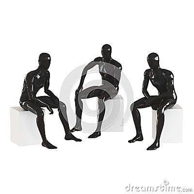 Three black mannequin guys are sitting on white boxes. Isolated on white background 3D rendering Stock Photo