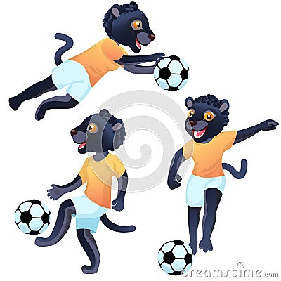 Three black panther girls as the footballers in uniform in dynamic poses with the soccer ball Vector Illustration