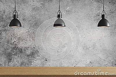 Three black pendant light above wooden surface on gray concrete wall background, ceiling lights, 3d rendering Stock Photo