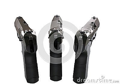 Three black semi automatic pistols - top back view Stock Photo