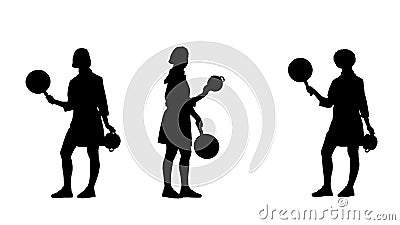 Three black silhouettes of lady cook skillfully handles skillet and pot. Stock Photo