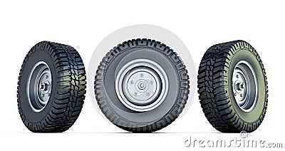 Three black tires. 3D render of Automotive wheel isolated on white background. Stock Photo