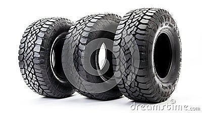 Three black tires isolated on white background, generative ai Stock Photo