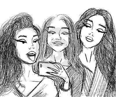 three black and white girlfriends take a selfie in the mirror Cartoon Illustration